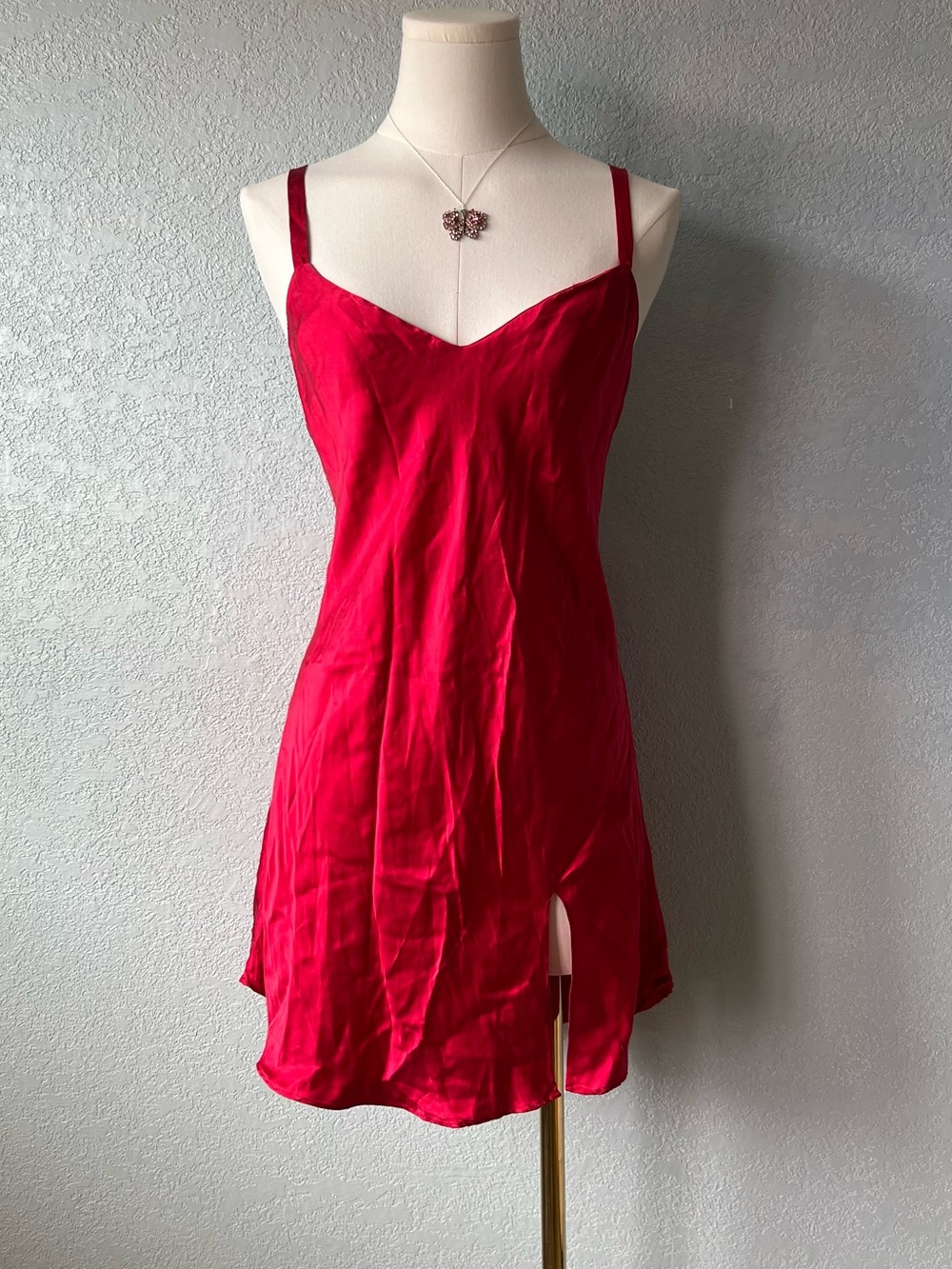 Vintage Y2K Red Silk Slip Dress Open Back Mini Nightgown Style S